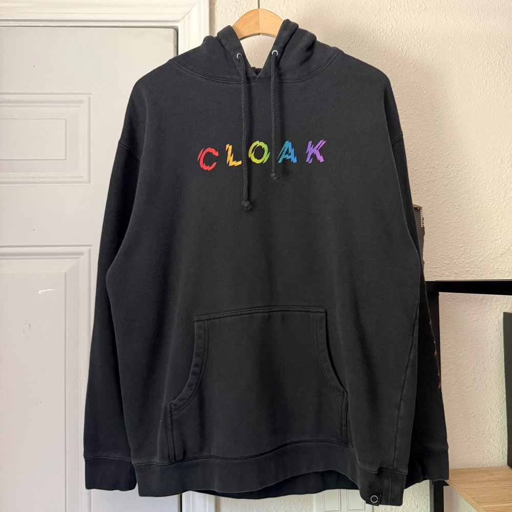 CLOAK black rainbow logo long slebe kangaroo pocket hoodie sweater